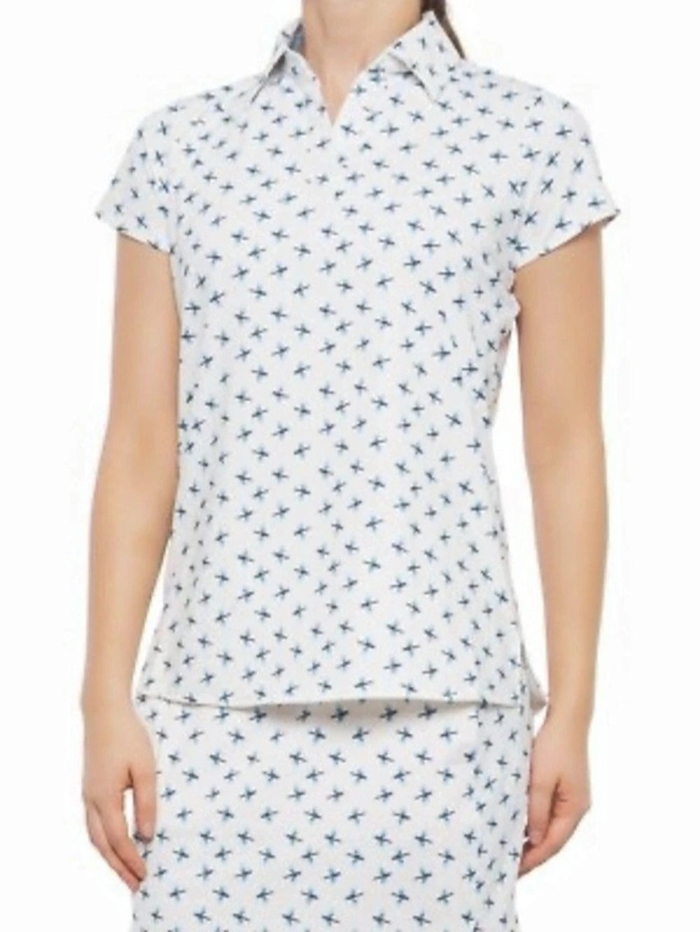 belyn key Dragonfly Print Cap Sleeve Polo in White & Blue Size Small NWT